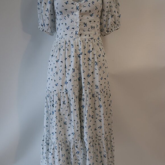 Womens RAHI White, Blue Floral Design Button Down Short Sleeve Midi Dress XS - Picture 3 of 11